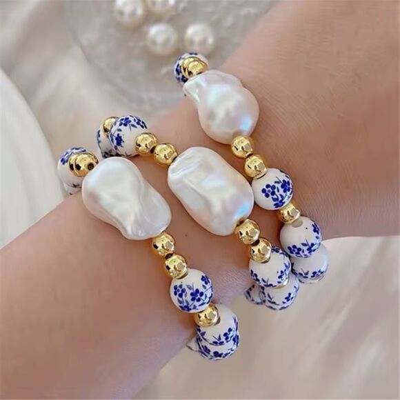 Blue White Porcelain Bead Bracelet Set with Gold Accents Baroque Pearl Set of 2 - Picture 3 of 7
